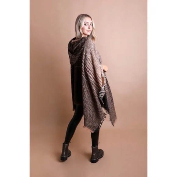 Mocha Herringbone Tweed Hooded Frayed Edge Knit Poncho - Picture 4 of 4